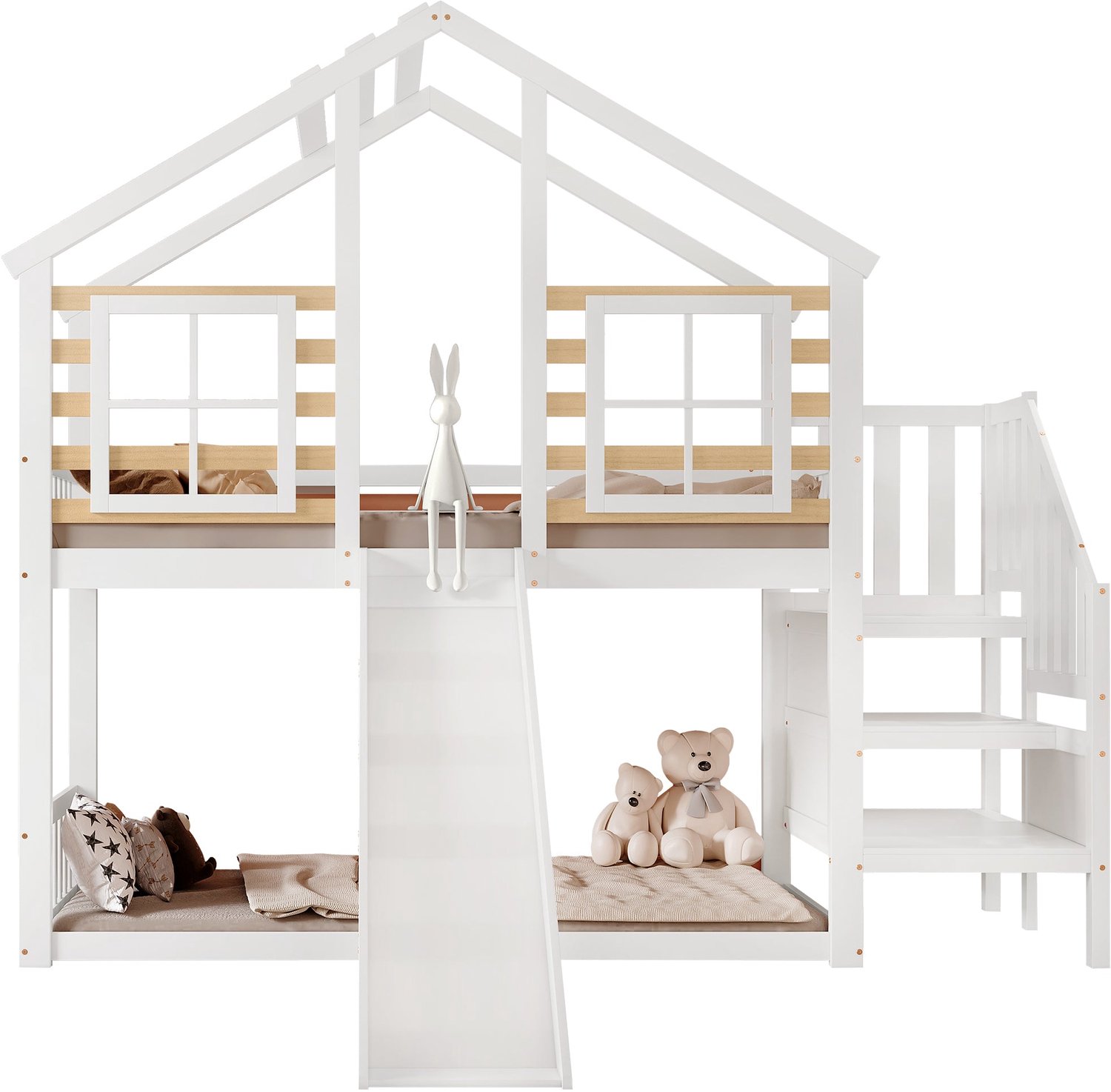 Merax Stapelbed Voor Kinderen 90 x 200 cm - Bed In Huisvorm - Met Glijbaan - Trap - Ramen - Valbeveiliging - Wit En Houtkleurig