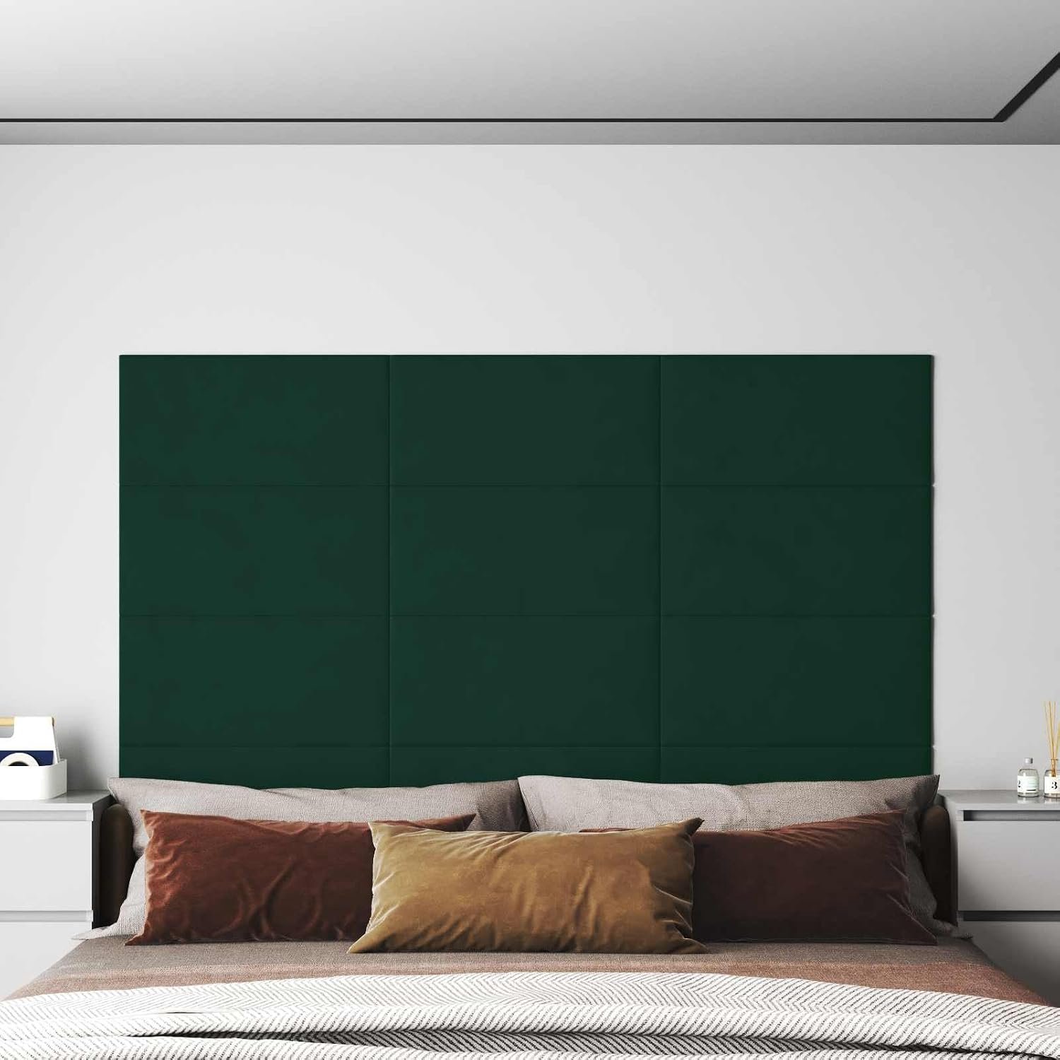 Hoofdeinde donkergroen 12 stuks, moderne rechthoekige velours hoofdeinde voor slaapkamer, elegante wanddecoratie met basis van houtmaterialen, montage vereist.