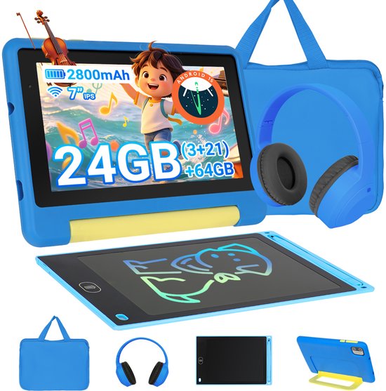 7 Inch Kinder Tablet - Android 15 Kindertablet - 24GB RAM + 64GB ROM - Kidsproof Tablet – Ouder controle – Vanaf 2+ Jaar - Met Beschermhoes, hoofdtelefoon, opbergtas - Blauw