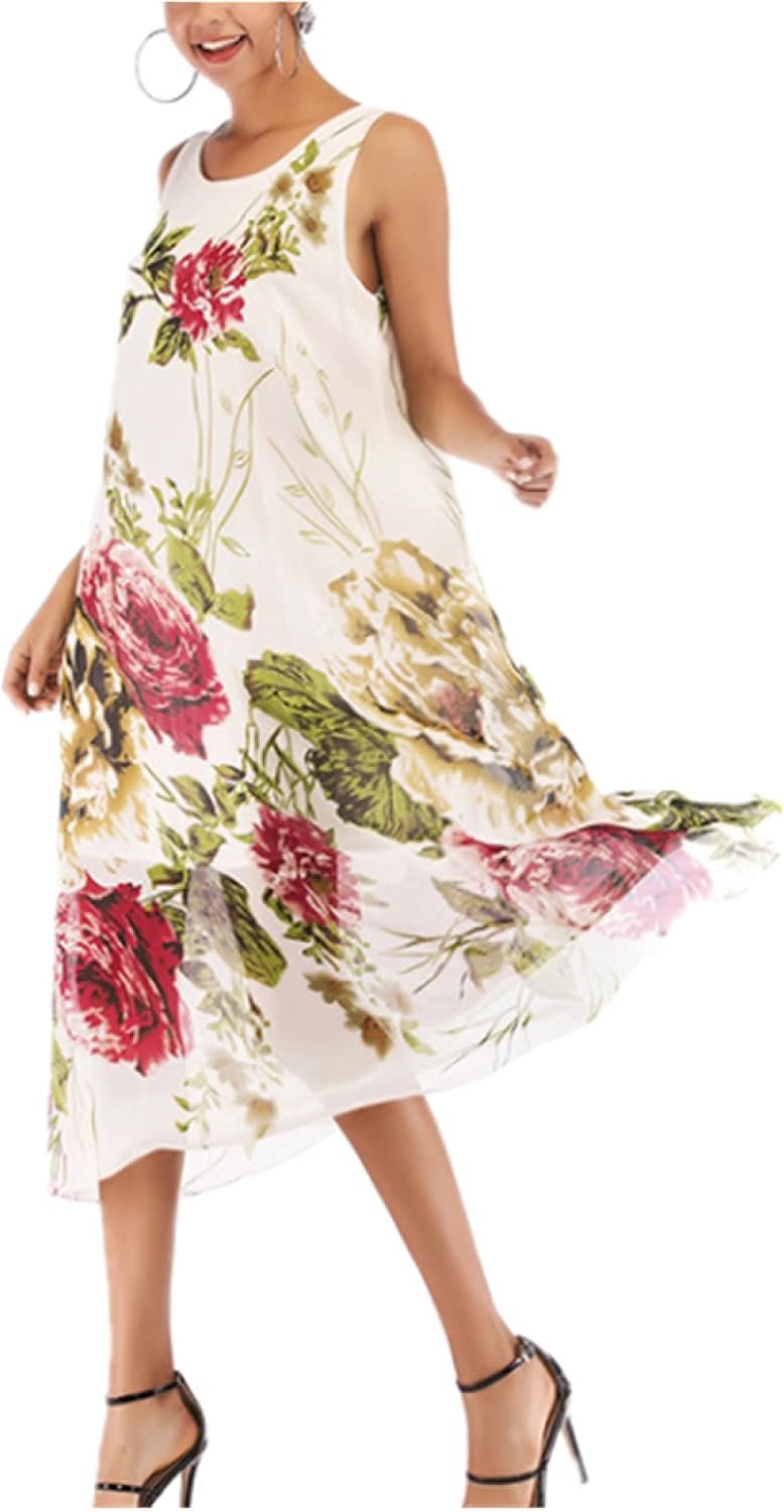 Chiffon Bloemen Ronde Hals Vest Jarretel Jurk Vrouwen Zomer