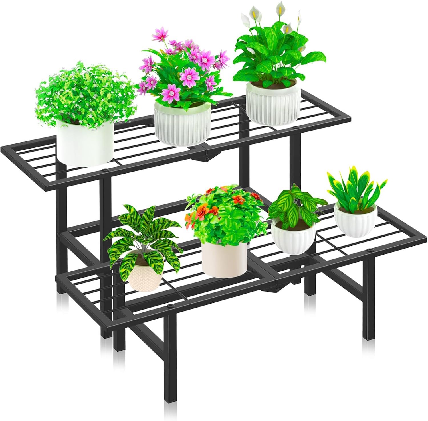 Plantenstandaard met 2 niveaus buiten en binnen, gescheiden gelaagd opvouwbaar metalen plantenrek, meerdere plantenhouders, ladderdisplayrek voor hoek, tuin, balkon, terras, veranda