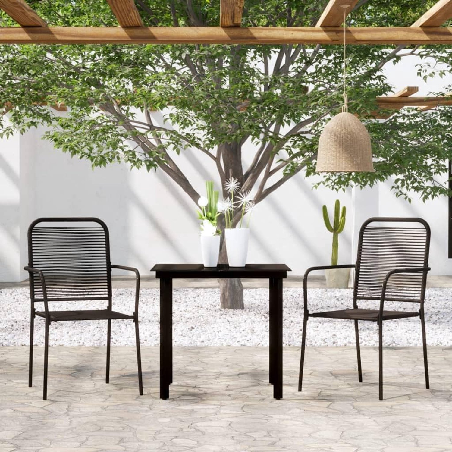 3-delige tuineetset, zwart met gepoedercoat stalen frame, tafel van gehard glas en stoelen van gedraaid katoenen touw, ideaal voor tuin, terras en keuken