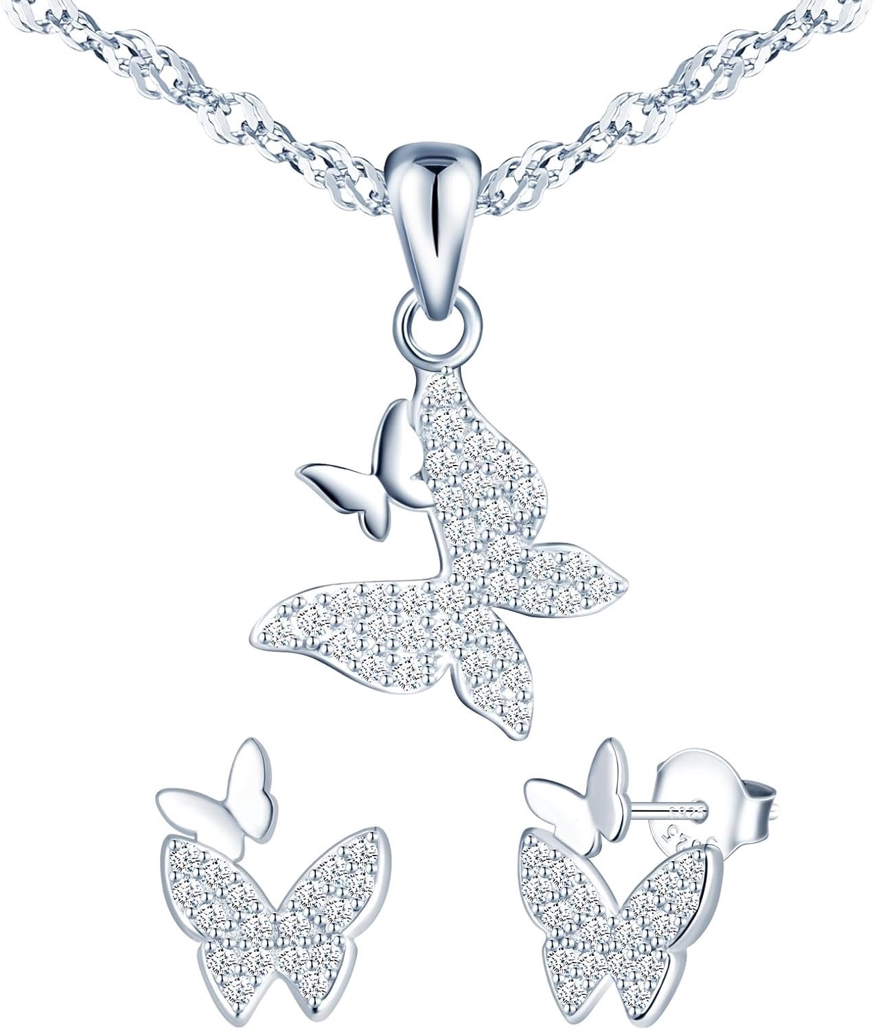 Sieradenset voor dames, 925 sterling zilver, hanger, vlinderketting, oorbellen, halsketting, set voor vrouwen, meisjes, vlinders met zirkonia, sieraden voor feest/jubileum/verjaardag, Sterling