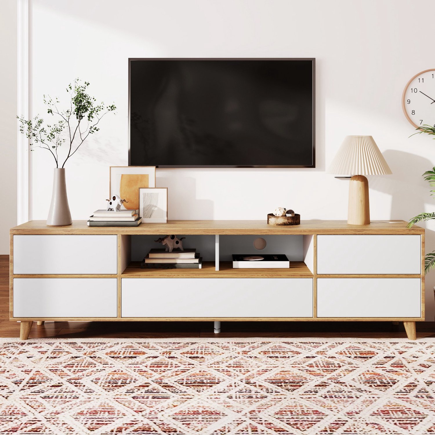 Tv-meubel 175x37x51 cm - lowboard met deuren en vakken - houten poten - wit/hout