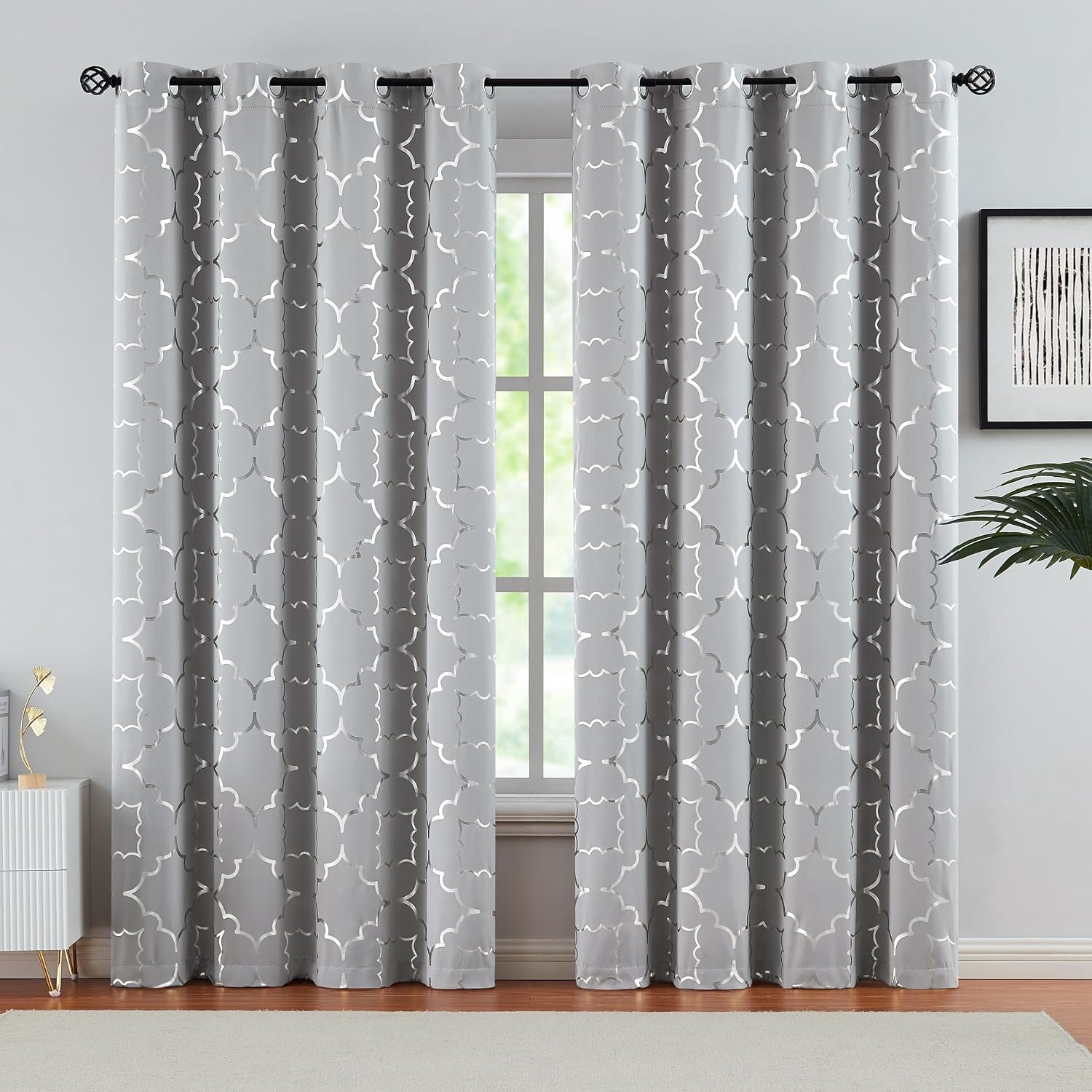 Panelen voor slaapkamer 84 inch zilverfolie Marokkaanse metallic print energiezuinige gordijnen voor slaapkamer woonkamer, thermisch geïsoleerde
