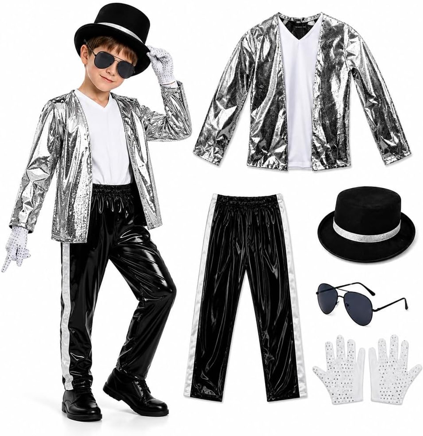 Halloweenkostuum voor kinderen, met hoed, zonnebril, handschoenen en T-shirt voor Halloween, carnaval, podiumoptredens en themafeest