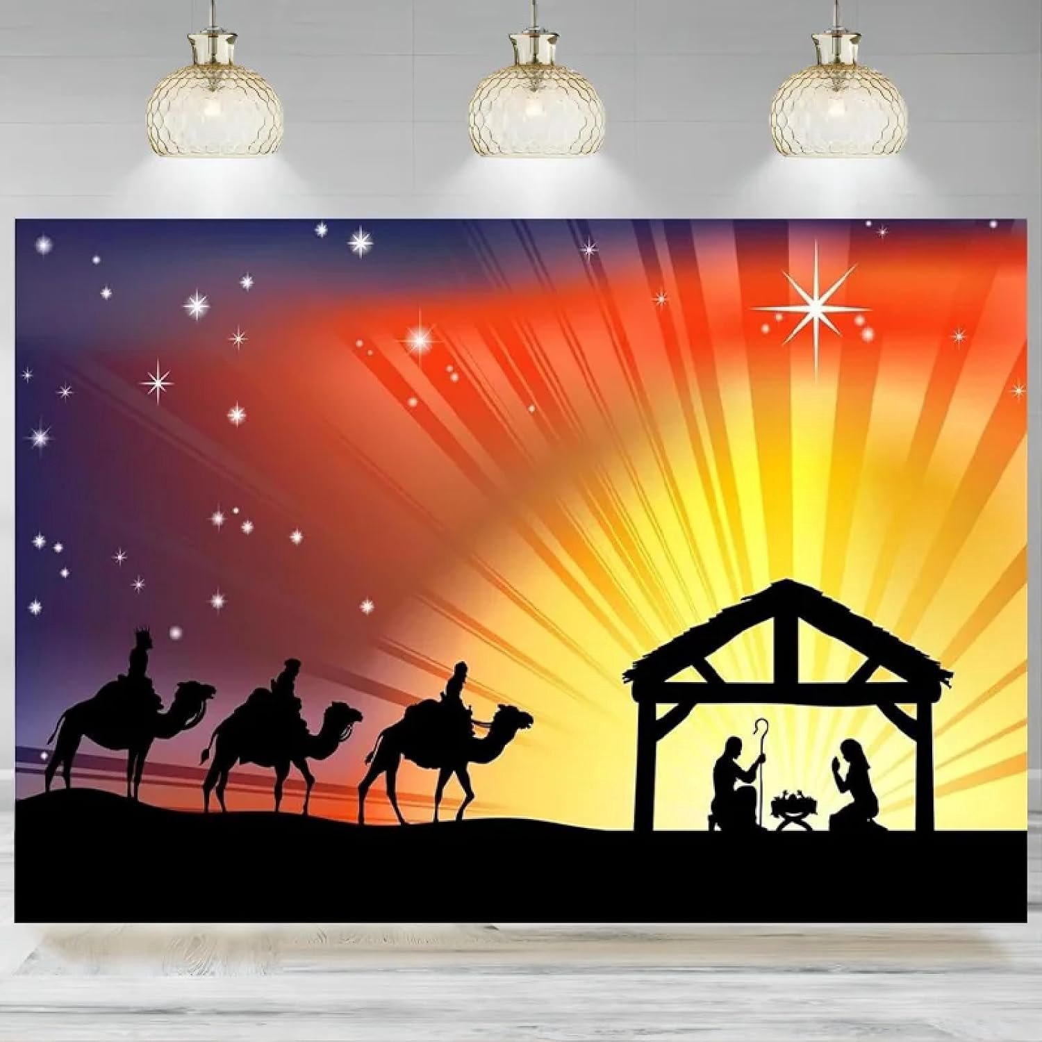 Kerststal achtergrond kerstnacht sterren heilige familie en drie koningen geboorte van de wieg scène achtergrond achtergrond Chr 200 x 140 cm
