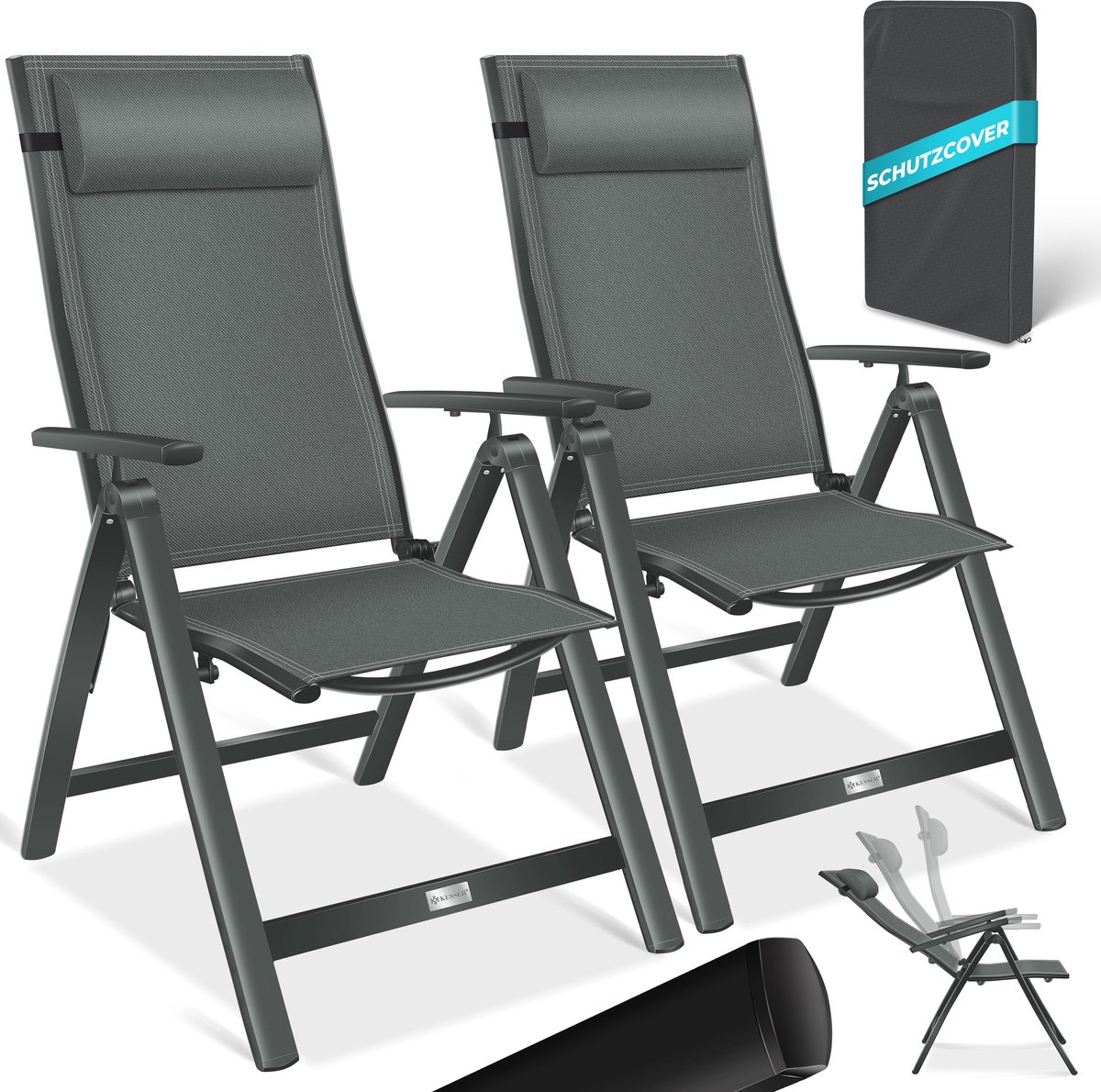 KESSER® Tuinstoel hoge rugleuning - aluminium klapstoel met hoofdkussen, 7-voudig verstelbaar - antraciet - set van 2