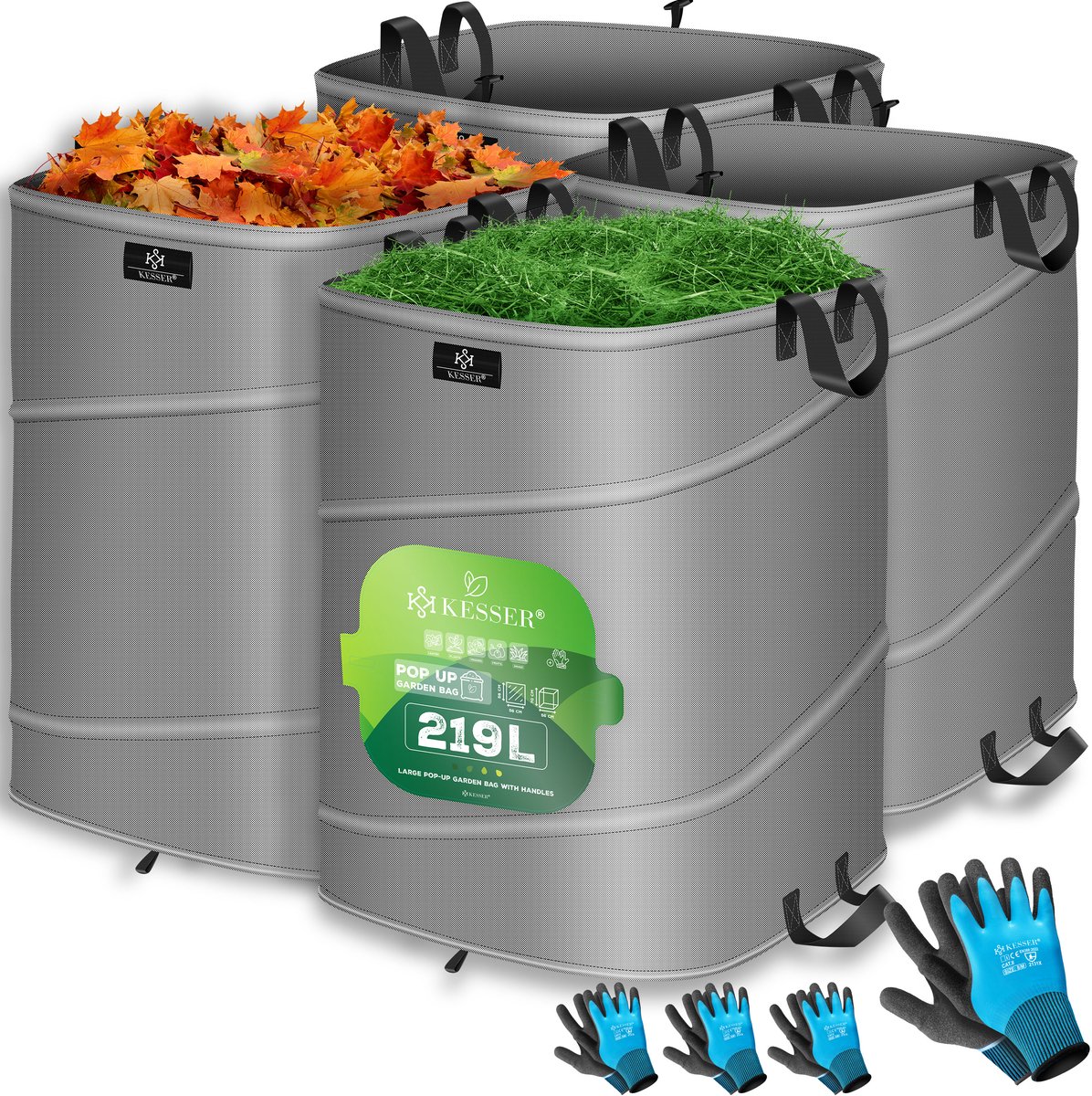 KESSER® Pop-up tuinzak set van 4 x 219 liter - Zelfstaand en opvouwbaar - Met handschoenen - Grijs/zwart