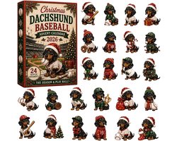 dachshund adventkalender 2026 - 24 stuks - zwart bruin rood wit - acryl materiaal - 28x20cm - honinghond honkbal kerstornamenten - kerstboom hangdecoratie - geschikt voor kerstfeest en interieur decoratie