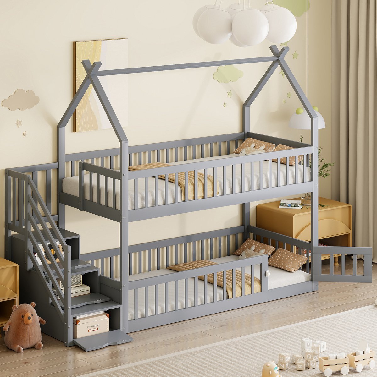 WUVRIE Kinderstapelbed 90x200 cm met huisdak, trap met opberglades en omheind onderbed, grijs