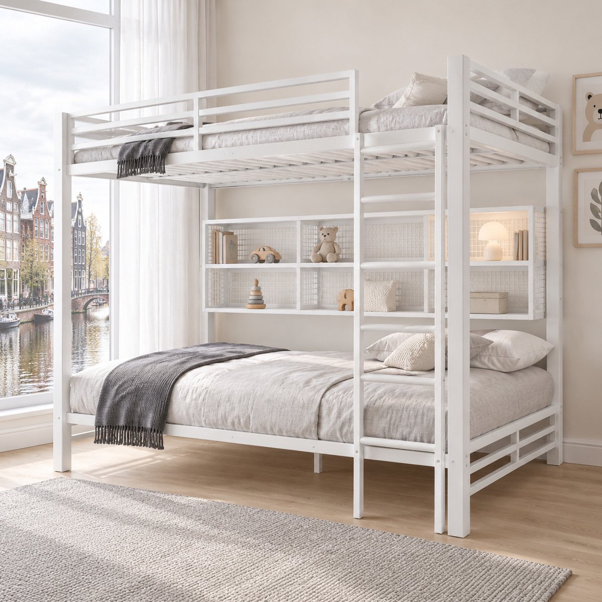 WUVRIE Stapelbed 140x200 cm met 6 opbergkasten, LED-verlichting en veiligheidshekken, wit