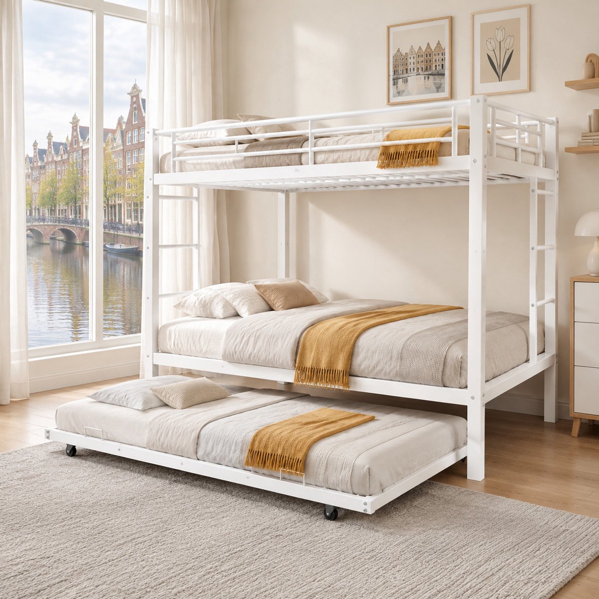 WUVRIE Stapelbed 140x200 cm met uitrolbed 90x190 cm, metalen frame en hoge valbeveiliging, wit