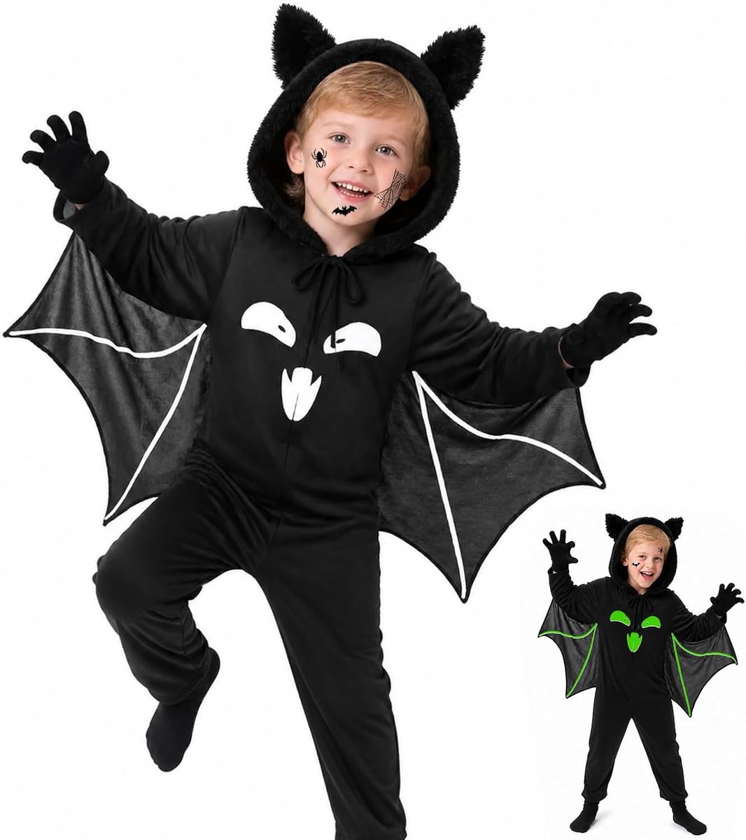 Vleermuiskostuum voor kinderen, lichtgevende vleermuiscape, vleermuisvleugels, kinderkostuum, met handschoenen en stickers, licht in het donker, voor Halloween, carnaval, kostuumfeesten, vampiermuis
