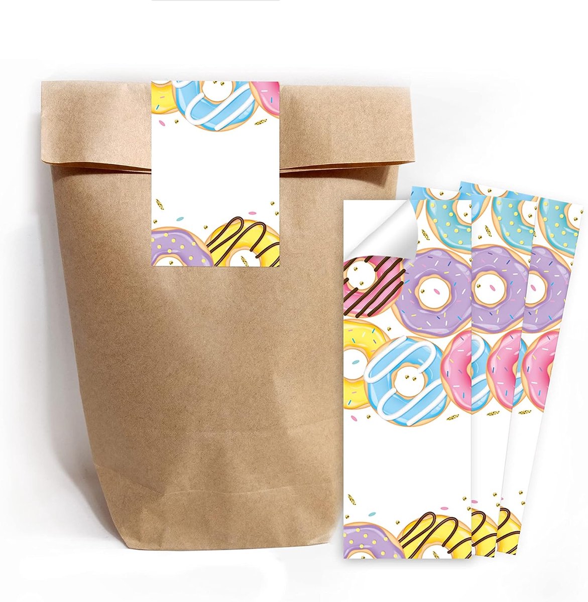 12 geschenkzakjes (natuur) + 12 stickers donuts cadeauzakjes voor gastgeschenk inpakken bij kinderverjaardag meisjesverjaardag