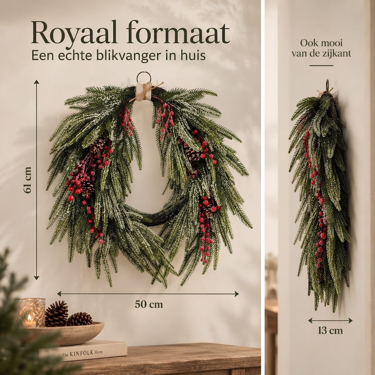 Mica Decorations Krans Dennenappel Groen - Kerstkrans met Rode Bessen en Dennenappels - Decoratieve Deurkrans voor Kerst - Gemaakt van Stevig Polyethyleen - 61 x 50 x 13 cm – foto 5