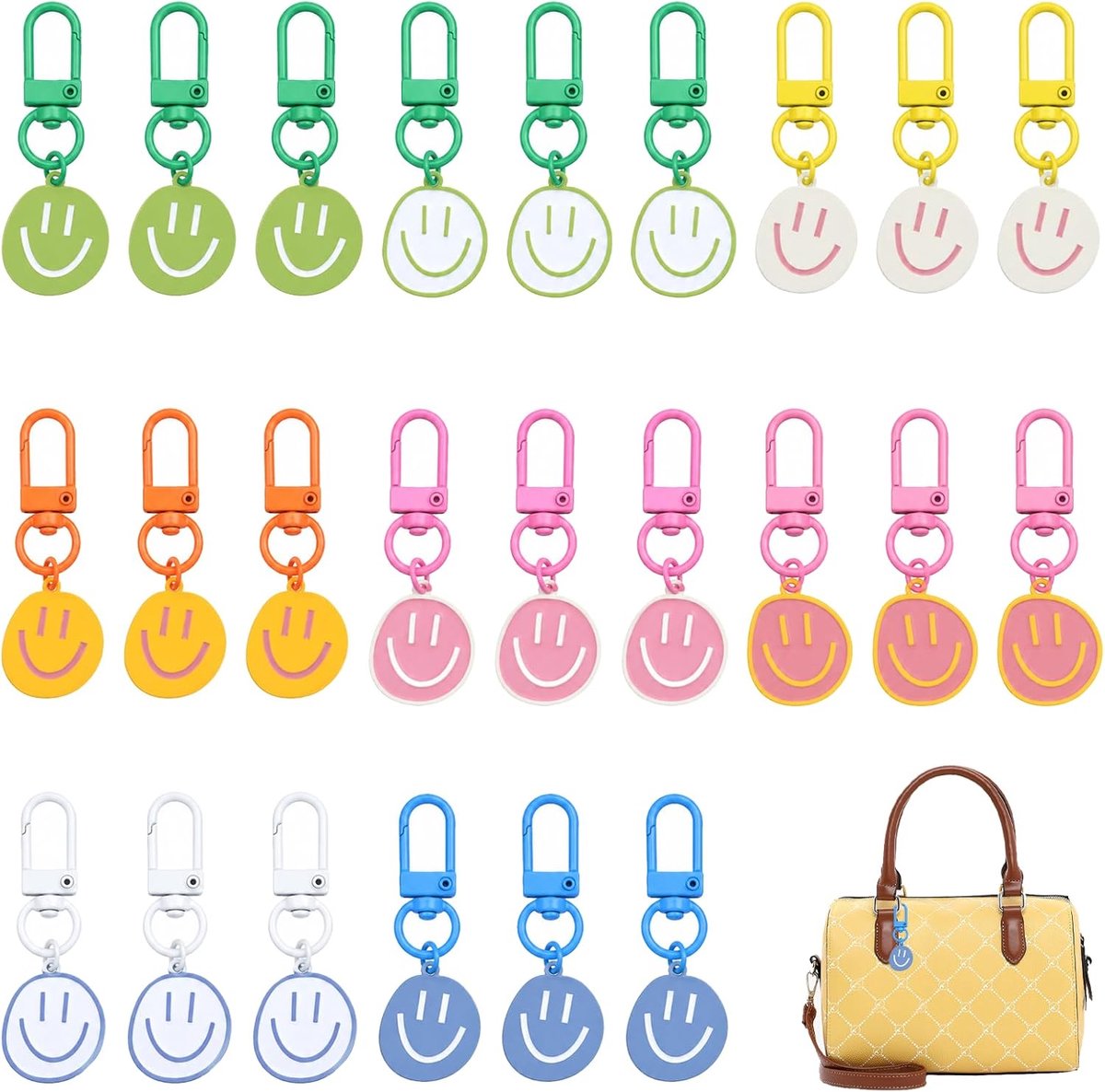 24 stuks smiley gezicht sleutelhangers, 8 pastelkleuren