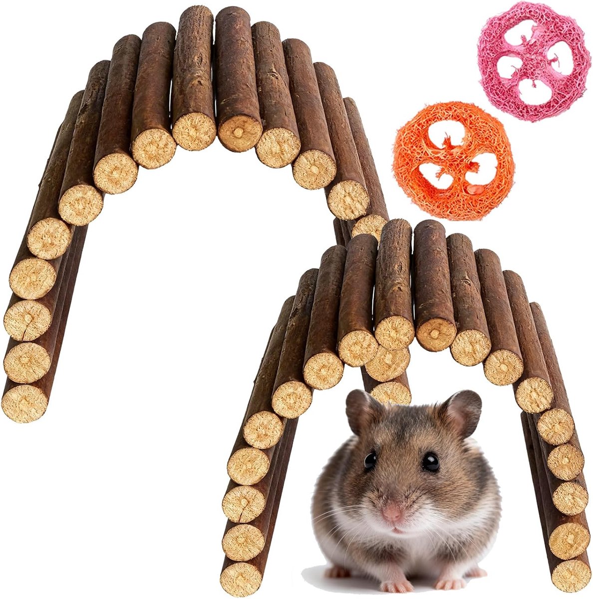 Hek voor kleine dieren, set van 2 houten hamsteraccessoires met 2 luffa-schijven, flexibele knaagdierren voor dwerghamsters, cavia's, gerbilten en ratten