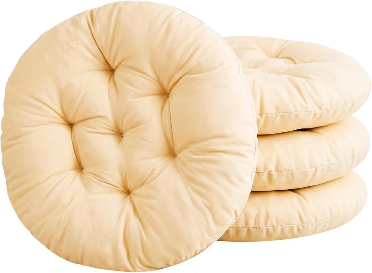 Set van 4 stoelkussens Rond, 40 x 40 cm, Comfortabel Zitkussen, Gevuld Zitkussen, Rond Vloerkussen, Stoelkussen voor Binnen en Buiten, Keuken, Tuin Eetkamer Woonkamer Studeerkamer (Lichte Kameel)