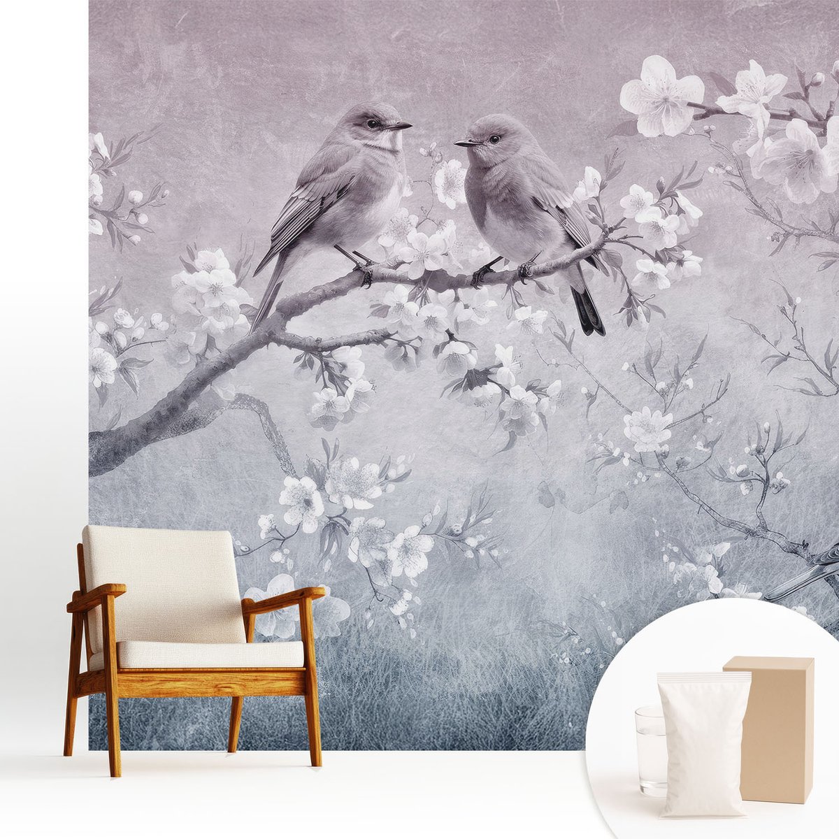 Wallfluent Fotobehang - Grijs Vliesbehang - 250x250 cm - Subtiele Natuur Fotobehang Vlies - Hal behang Bloemen En Planten - Muurschildering - Woonkamer behang