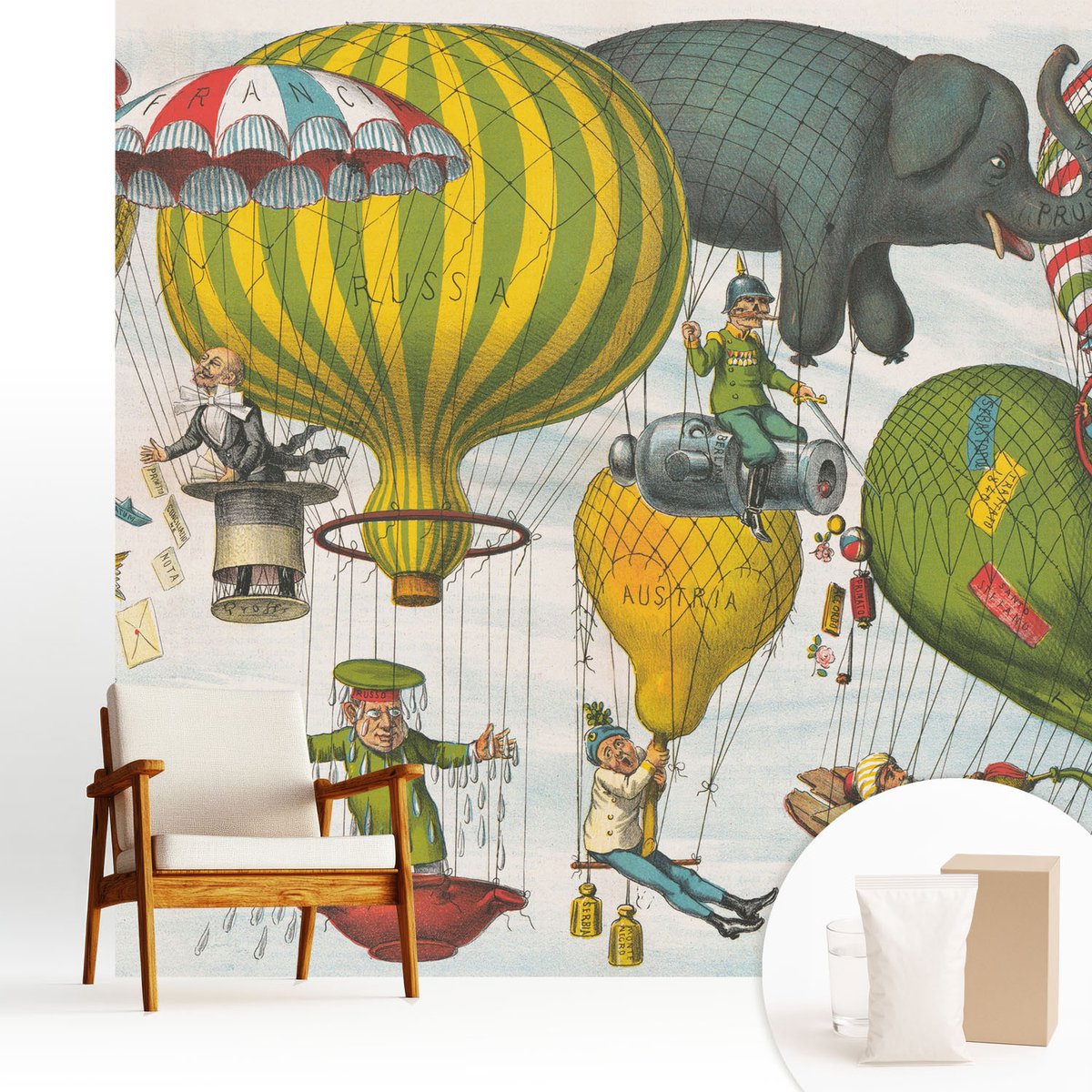 Wallfluent Fotobehang - Geel Vliesbehang - 250x250 cm - Ballonvaart Muurschildering - Slaapkamer behang Deel - Fotobehang Vlies - Slaapkamer behang