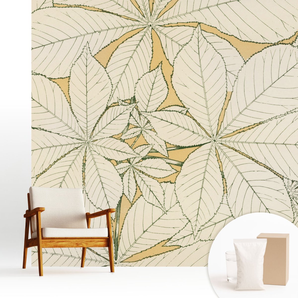 Wallfluent Fotobehang - Beige Vliesbehang - 250x250 cm - Kastanjebladeren Muurschildering - Gang behang Bloemen En Planten - Fotobehang Vlies - Slaapkamer behang