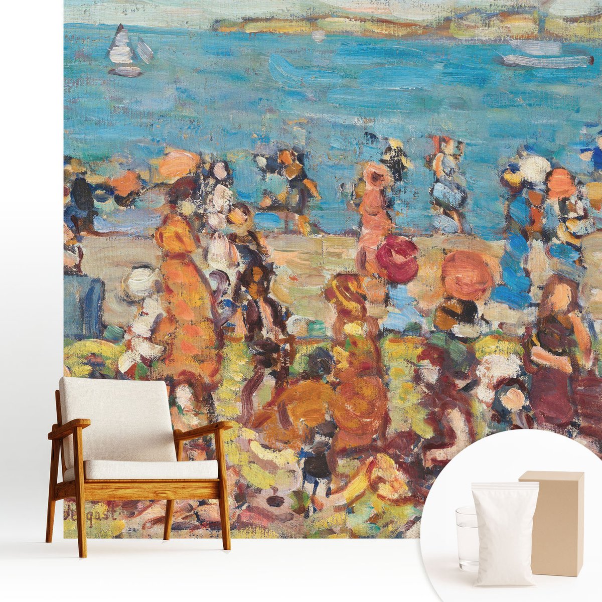 Wallfluent Fotobehang - Blauw Vliesbehang - 250x250 cm - Strandscène Muurschildering - Gang behang Mensen - Fotobehang Vlies - Slaapkamer behang