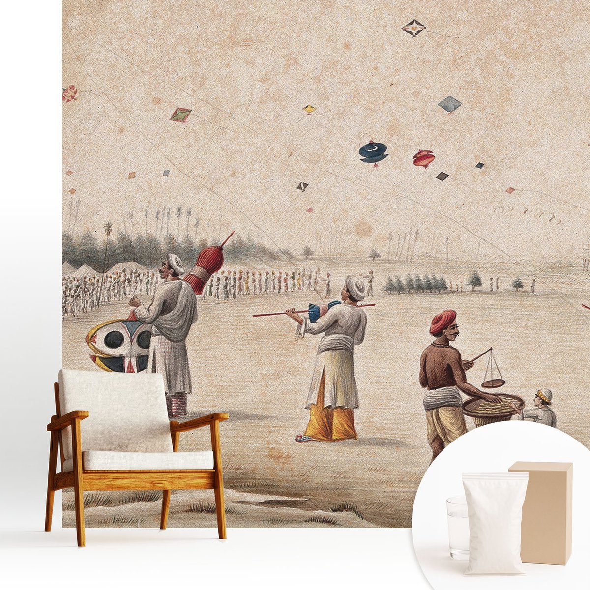 Wallfluent Fotobehang - Beige Vliesbehang - 250x250 cm - Zweefvliegers Muurschildering - Slaapkamer behang Mensen - Fotobehang Vlies - Gang behang