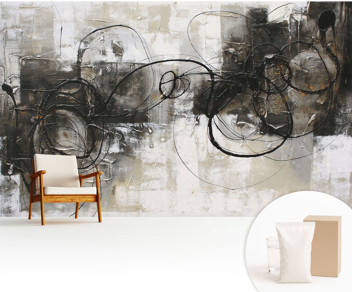 Wallfluent Fotobehang - Zwart Vliesbehang - 416x254 cm - Abstracte Wervel Fotobehang Vlies - Hal behang Abstractie - Muurschildering - Woonkamer behang