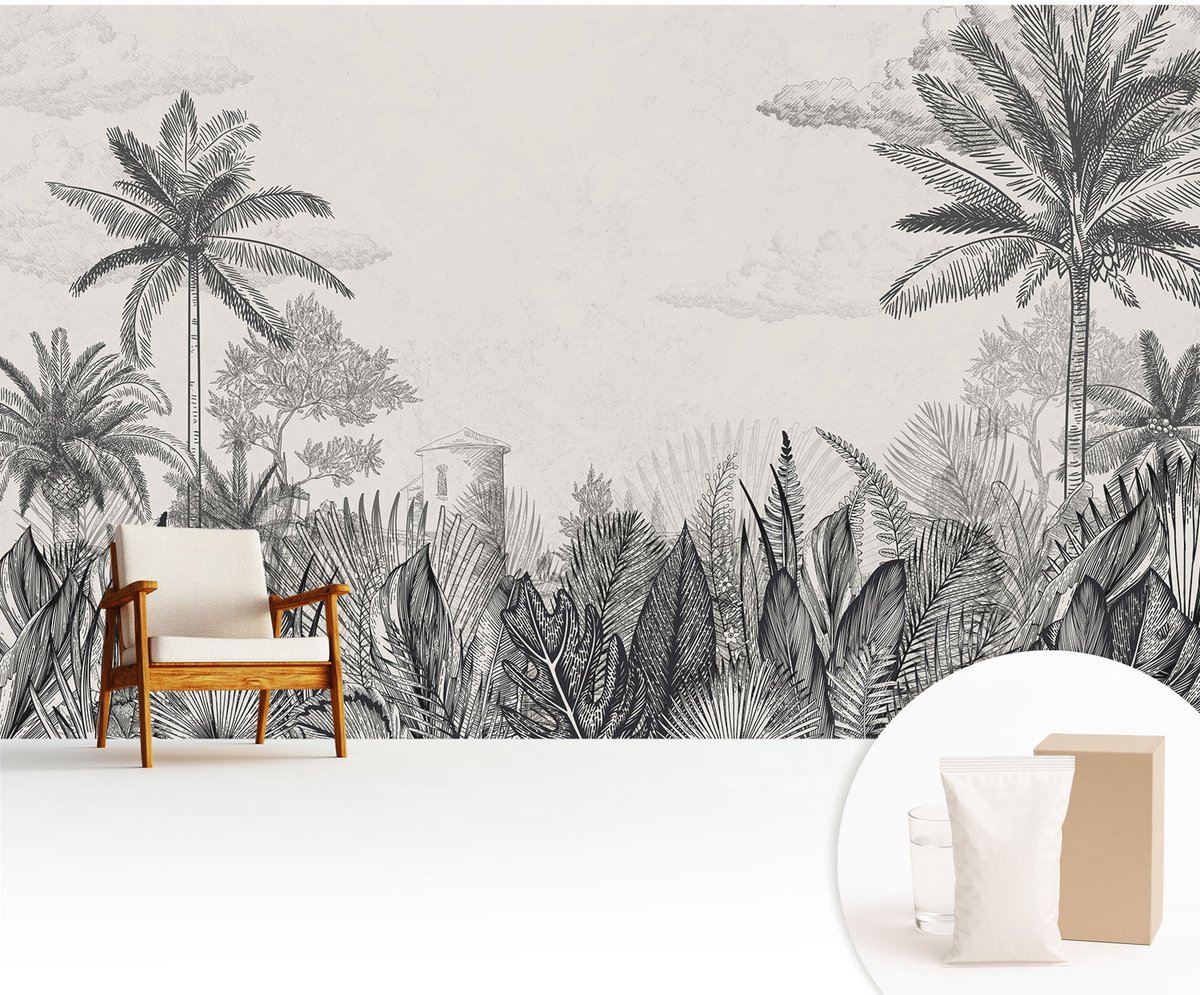 Wallfluent Fotobehang - Grijs Vliesbehang - 416x254 cm - Tropisch Landschap Fotobehang Vlies - Woonkamer behang Landschappen - Muurschildering - Woonkamer behang
