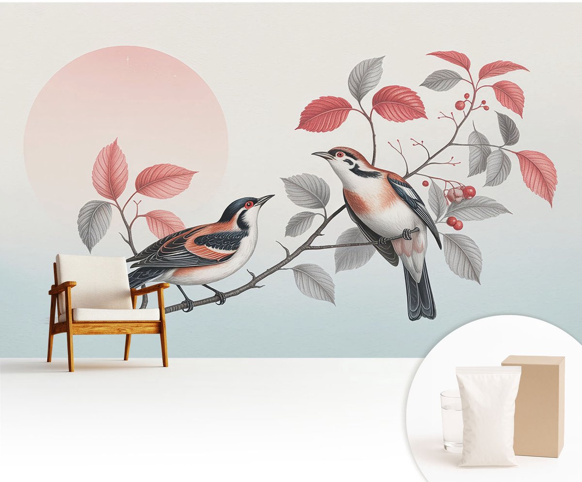 Wallfluent Fotobehang - Roze Vliesbehang - 416x254 cm - Zittende Vogels Muurschildering - Slaapkamer behang Dieren - Fotobehang Vlies - Slaapkamer behang
