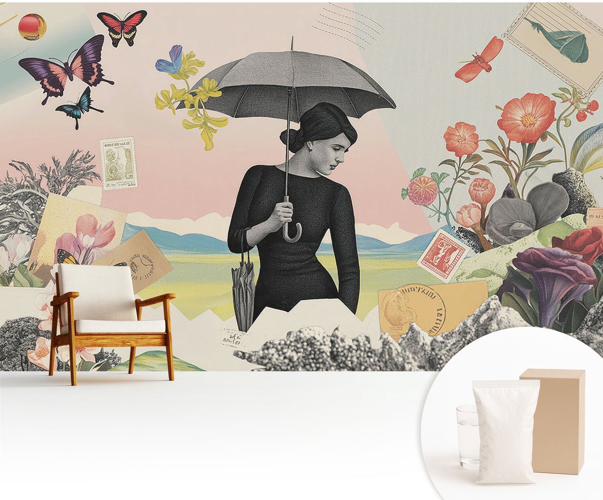 Wallfluent Fotobehang - Roze Vliesbehang - 416x254 cm - Romantische Collage Muurschildering - Slaapkamer behang Deel - Fotobehang Vlies - Slaapkamer behang