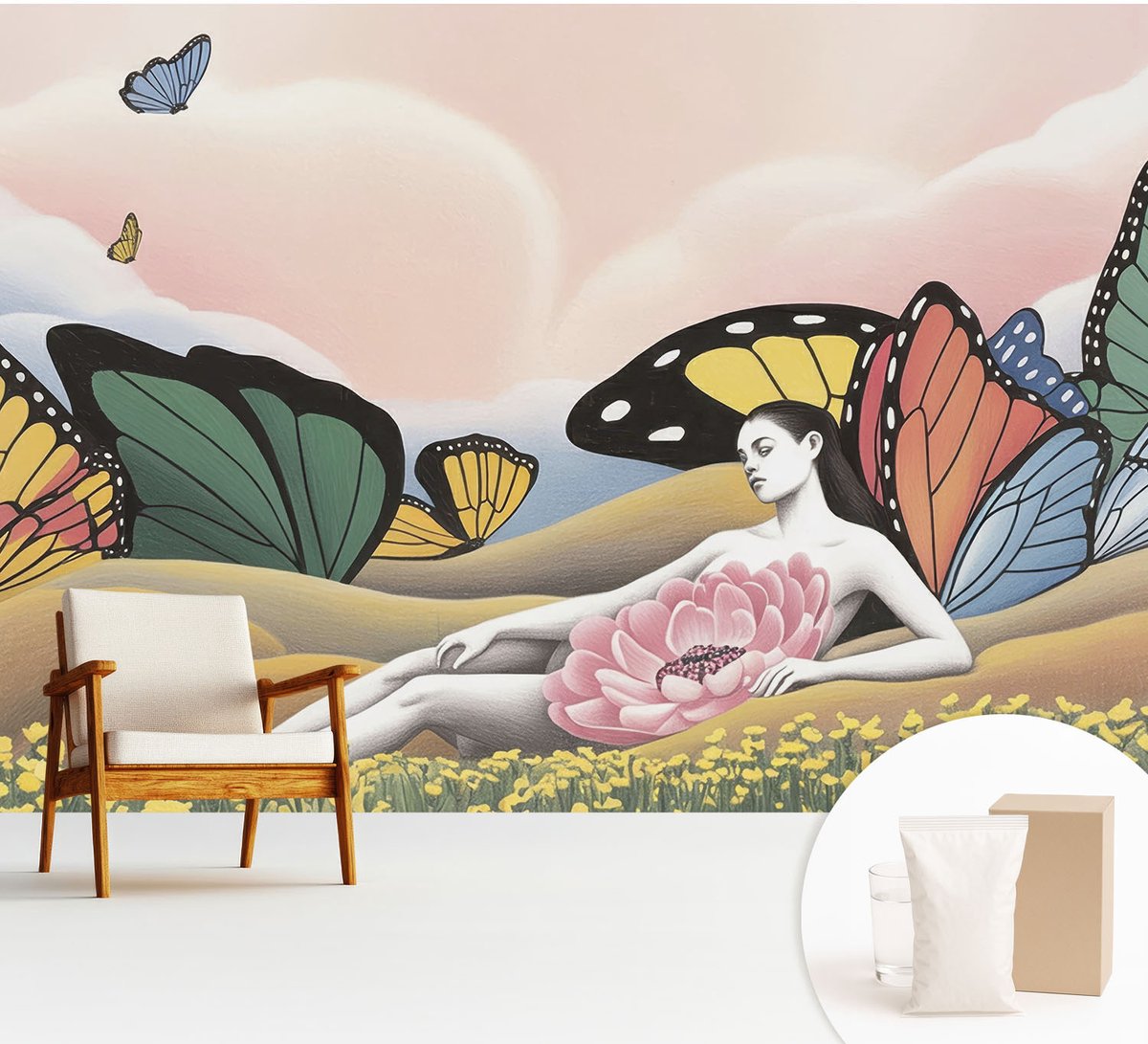 Wallfluent Fotobehang - Wit Vliesbehang - 312x219 cm - Vlinderweide Muurschildering - Slaapkamer behang Deel - Fotobehang Vlies - Slaapkamer behang