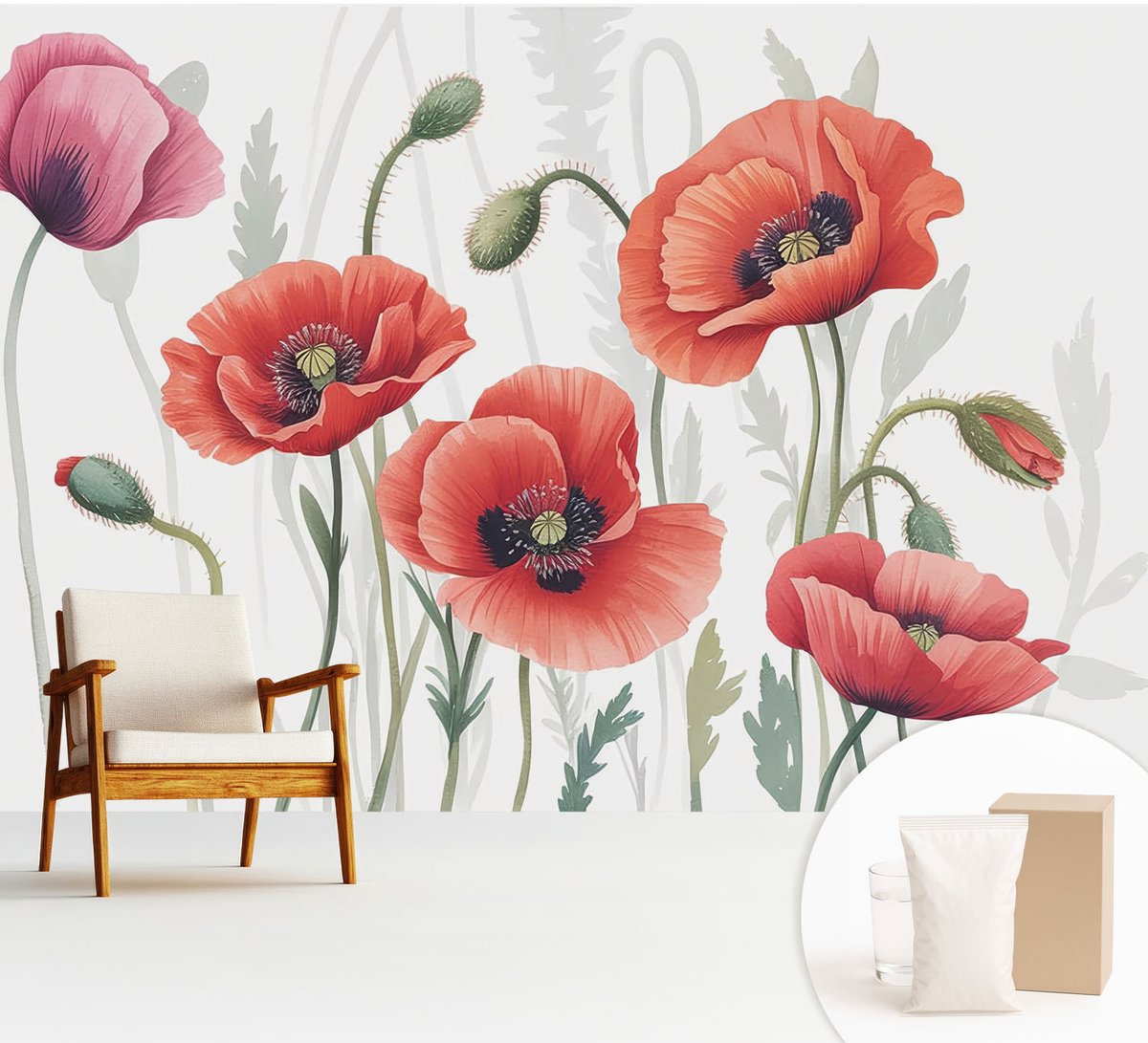 Wallfluent Fotobehang - Rood Vliesbehang - 312x219 cm - Rode Klaprozen Fotobehang Vlies - Woonkamer behang Bloemen En Planten - Muurschildering - Woonkamer behang
