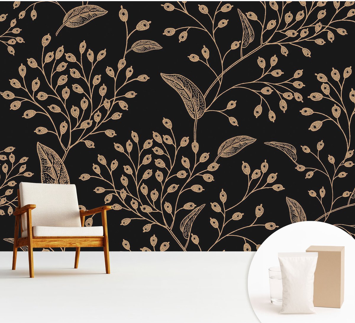 Wallfluent Fotobehang - Zwart Vliesbehang - 312x219 cm - Botanische Elegantie Fotobehang Vlies - Hal behang Bloemen En Planten - Muurschildering - Hal behang