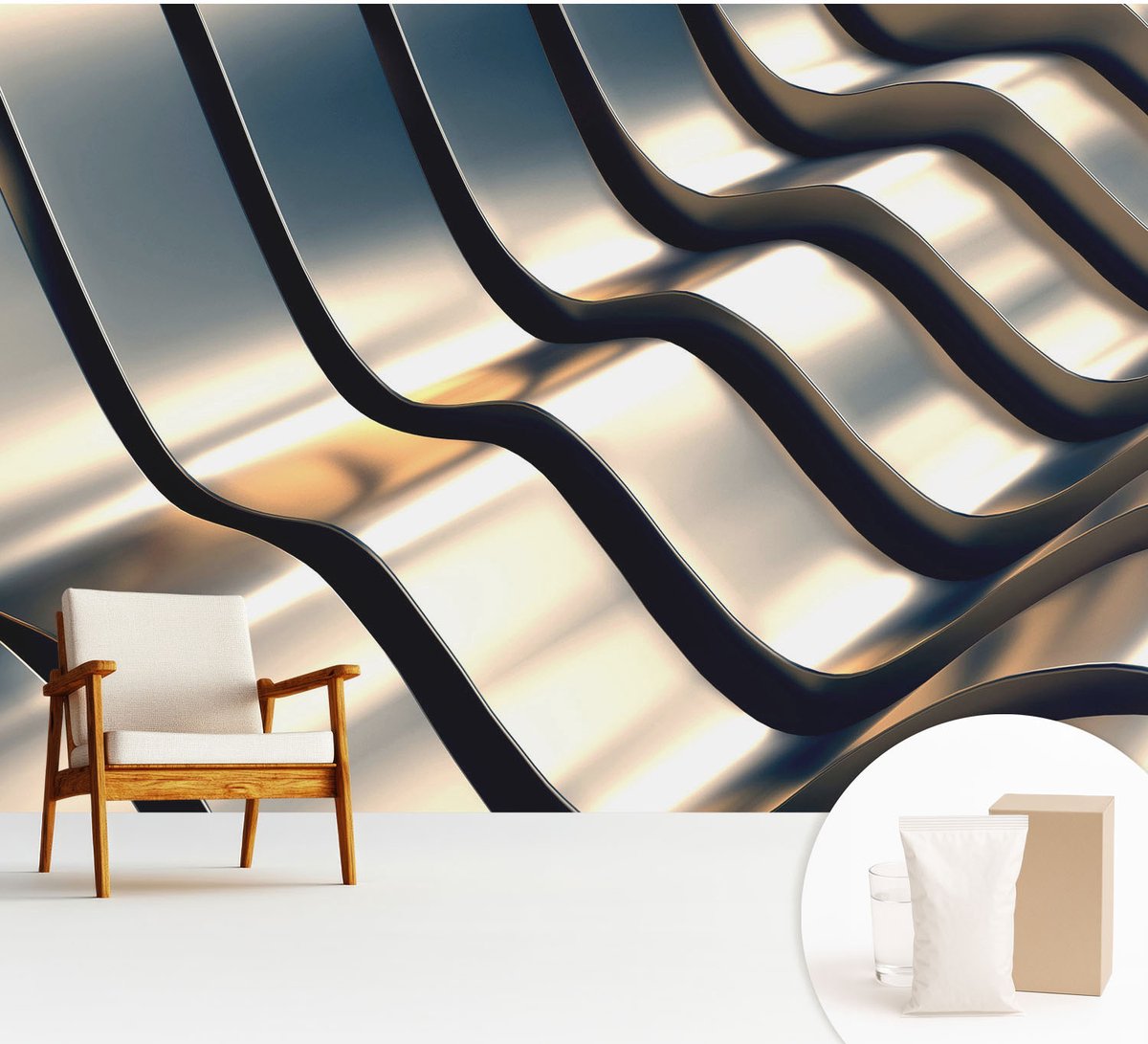 Wallfluent Fotobehang - Grijs Vliesbehang - 312x219 cm - Metalgolven Fotobehang Vlies - Hal behang Geometrie - Muurschildering - Woonkamer behang