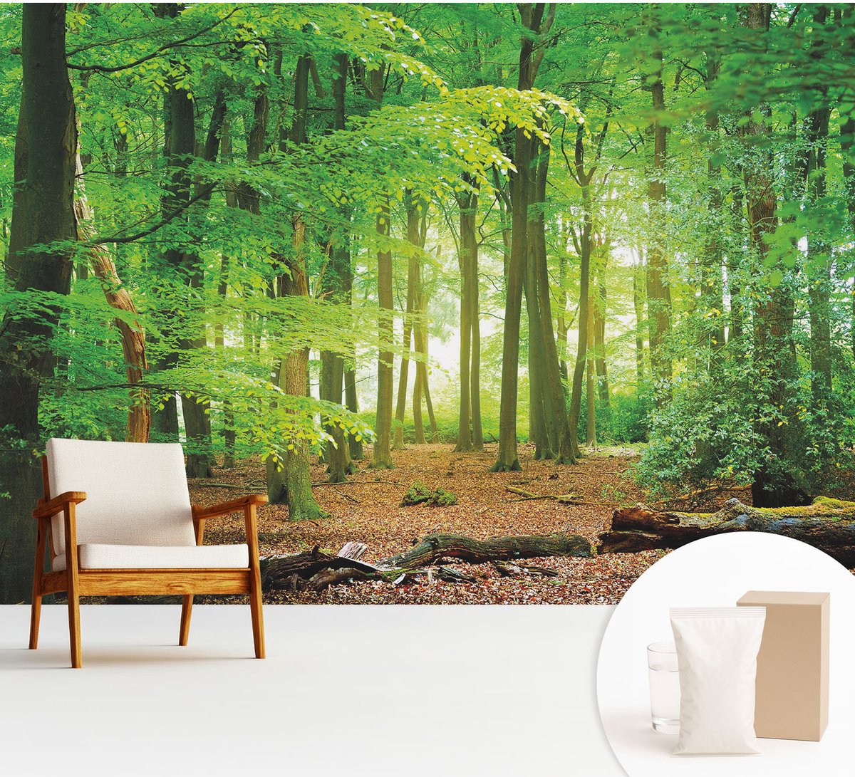Wallfluent Fotobehang - Groente Vliesbehang - 312x219 cm - Groen Bos Fotobehang Vlies - Woonkamer behang Landschappen - Muurschildering - Woonkamer behang