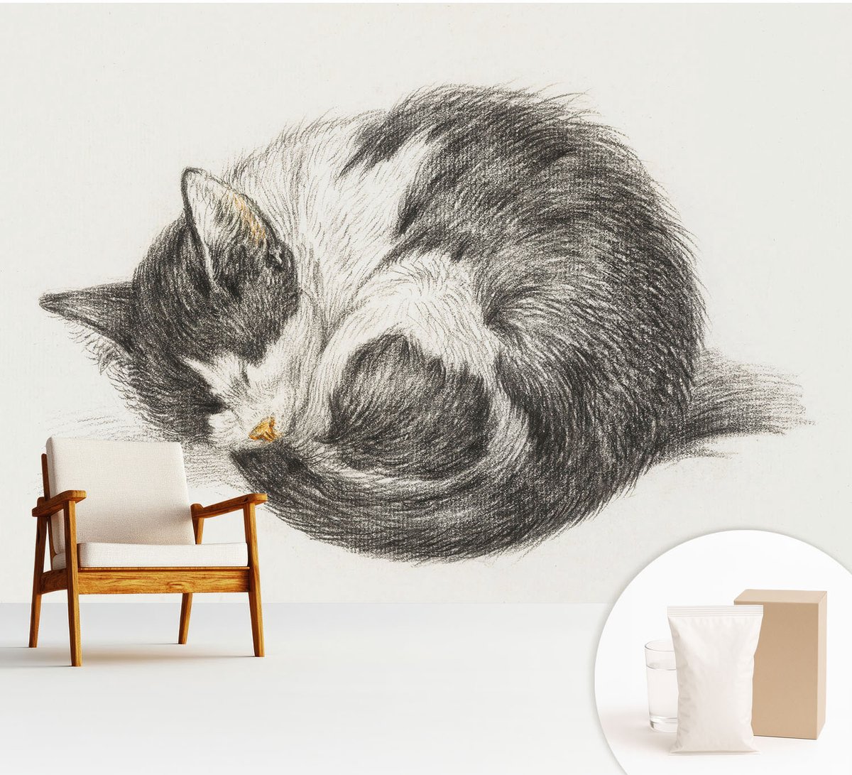 Wallfluent Fotobehang - Zwart-Wit Vliesbehang - 312x219 cm - Schattig Katje Muurschildering - Gang behang Dieren - Fotobehang Vlies - Slaapkamer behang