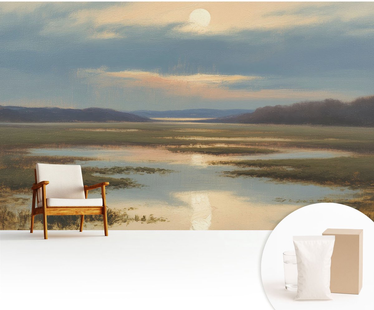 Wallfluent Fotobehang - Blauw Vliesbehang - 416x254 cm - Atmosferisch Landschap Fotobehang Vlies - Hal behang Landschappen - Muurschildering - Woonkamer behang