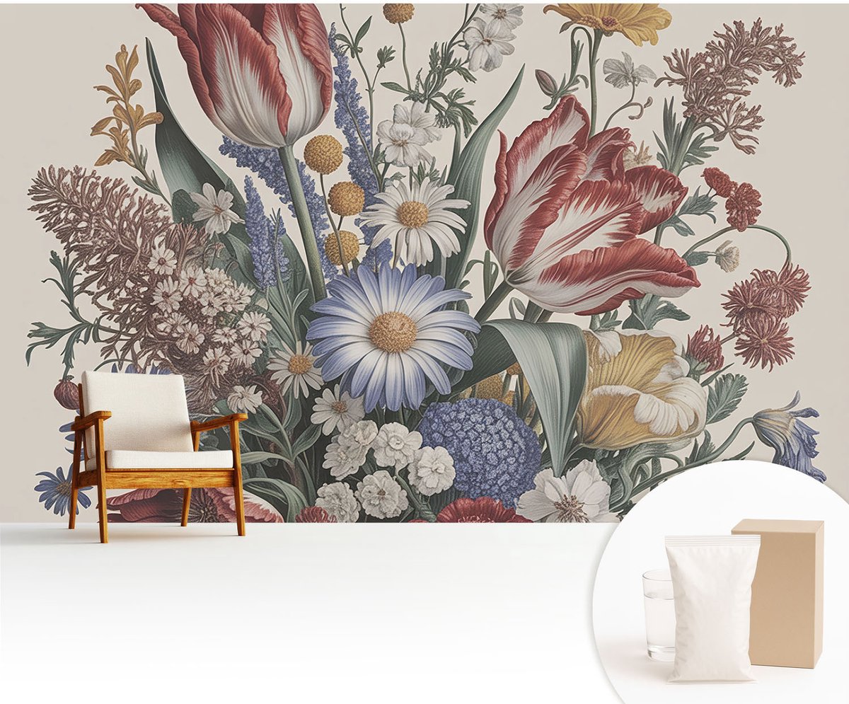 Wallfluent Fotobehang - Beige Vliesbehang - 416x254 cm - Bloemenboeket Muurschildering - Slaapkamer behang Bloemen En Planten - Fotobehang Vlies - Gang behang