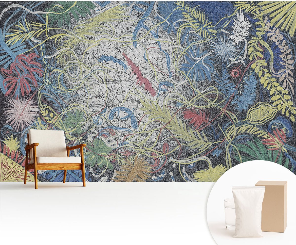 Wallfluent Fotobehang - Blauw Vliesbehang - 416x254 cm - Plantenwervels Muurschildering - Slaapkamer behang Abstractie - Fotobehang Vlies - Gang behang