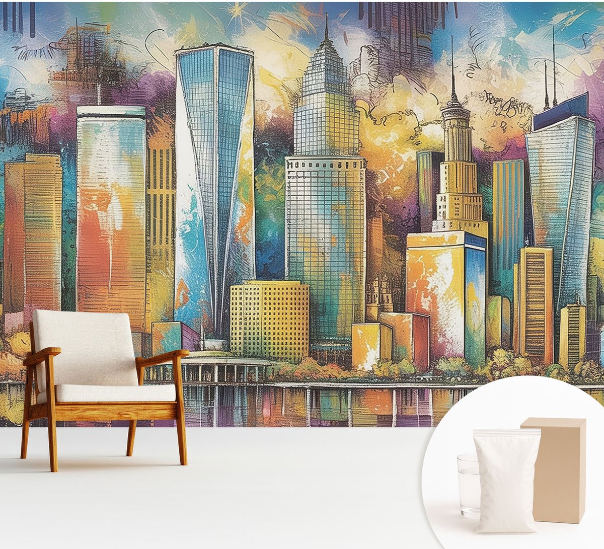 Wallfluent Fotobehang - Blauw Vliesbehang - 312x219 cm - Stadspanorama Muurschildering - Gang behang Architectuur - Fotobehang Vlies - Slaapkamer behang