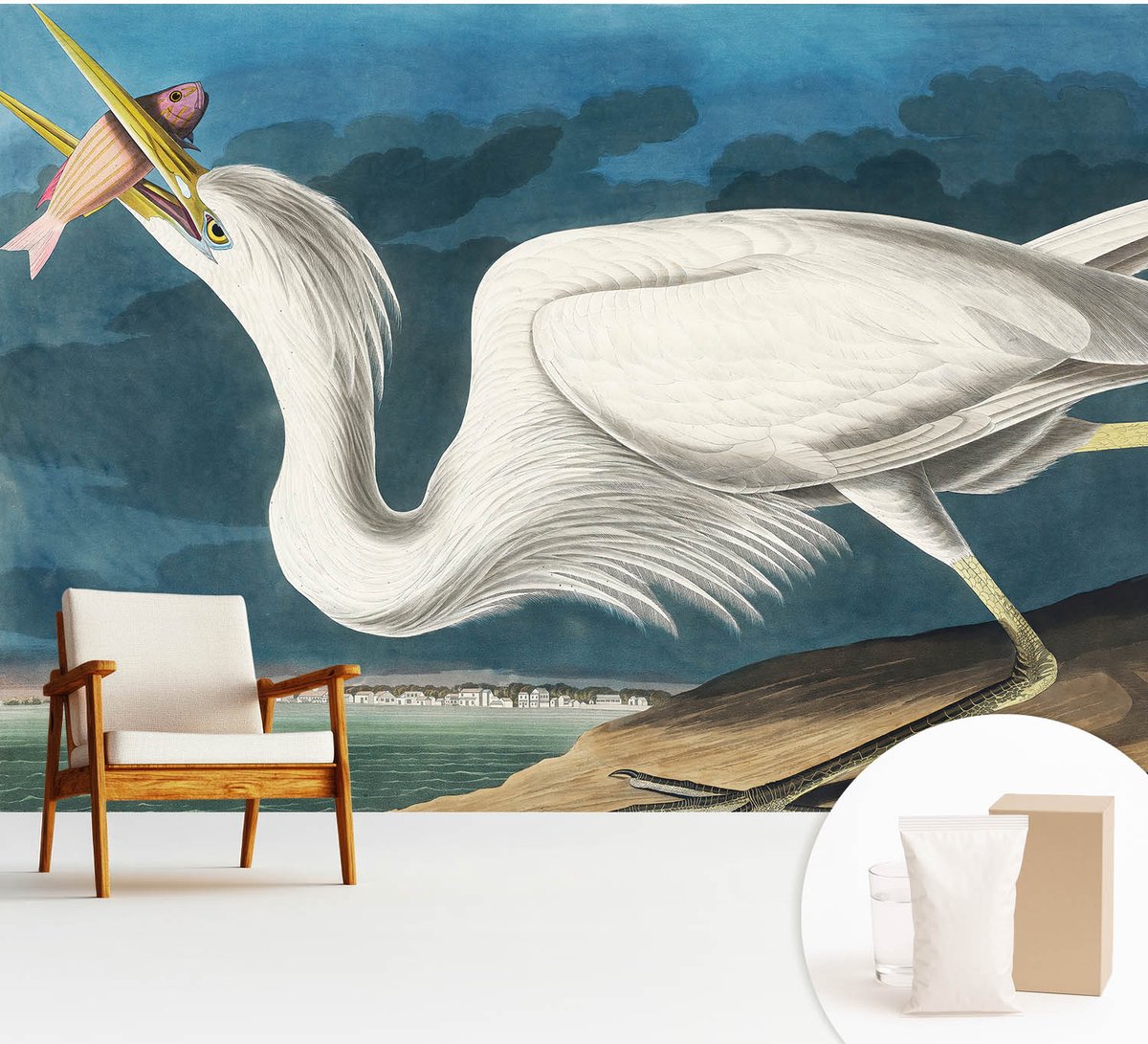 Wallfluent Fotobehang - Wit Vliesbehang - 312x219 cm - Vogel Met Vis Muurschildering - Gang behang Dieren - Fotobehang Vlies - Slaapkamer behang
