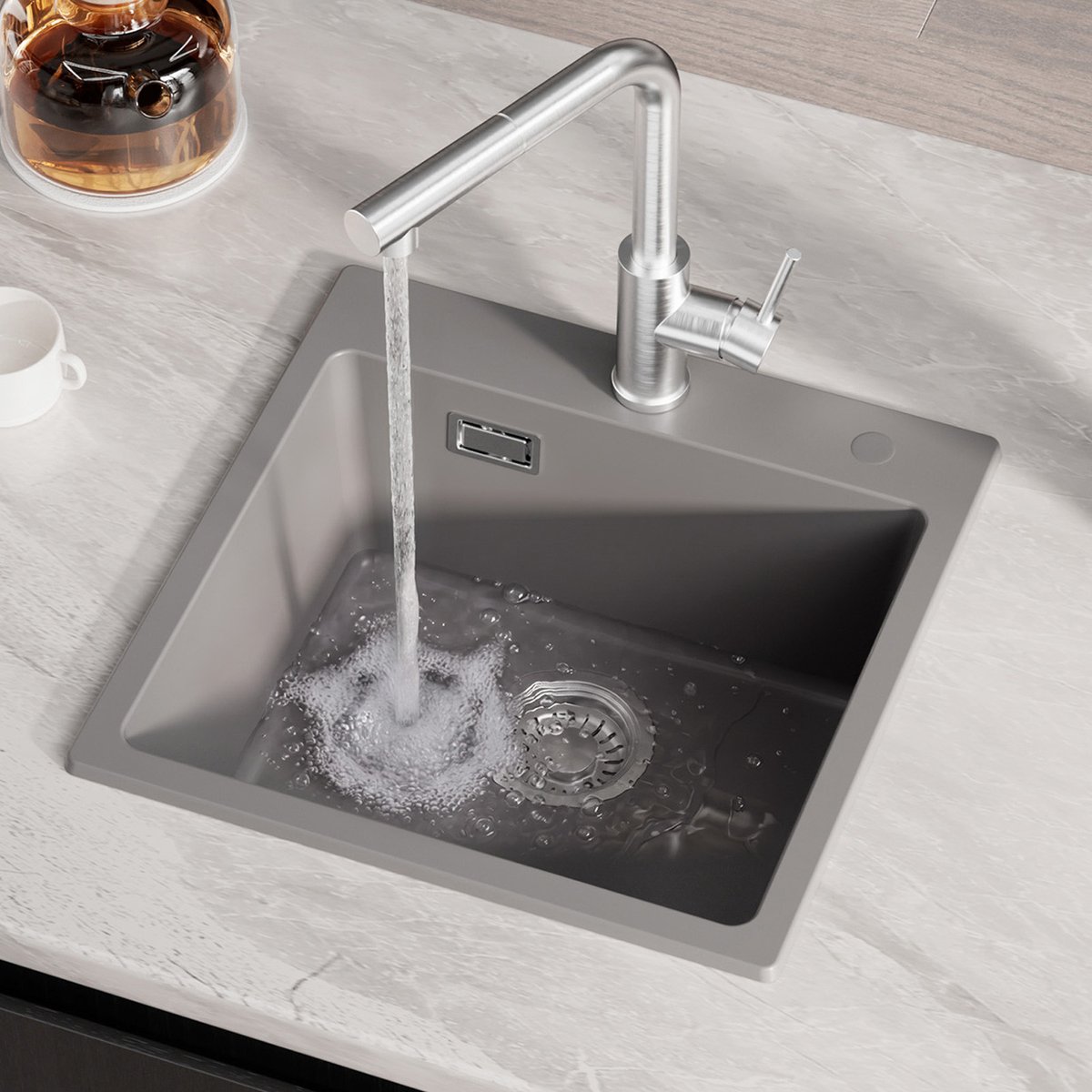 CECIPA Max Spoelbak Grijs 45×45 cm - Graniet Spoelbakken Keuken - Enkele Spoelbak - Spoelbakken Incl. Sifon en Afvoerzeefje