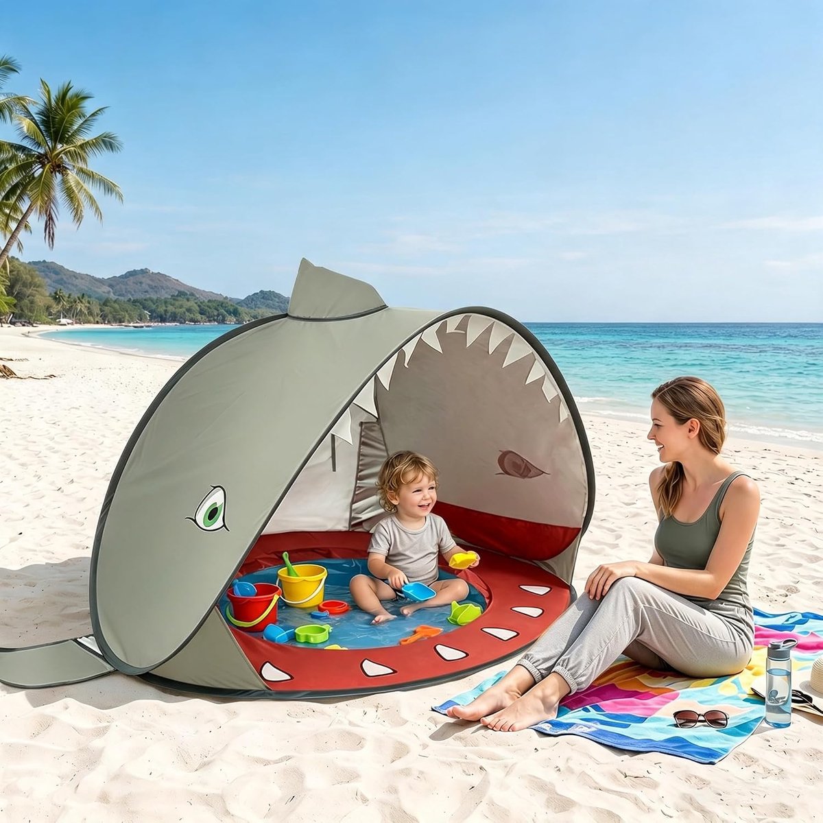 Strandtent voor baby's - pop-up - grijze haai - ideaal voor strand en camping - ShopVlot