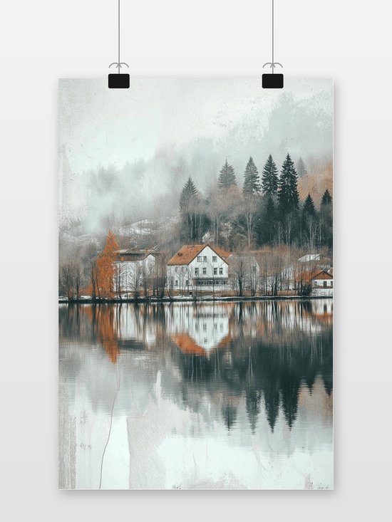 Een wit huis met een oranje dak, weerspiegeld in het water, omringd door bomen en mistige heuvels.