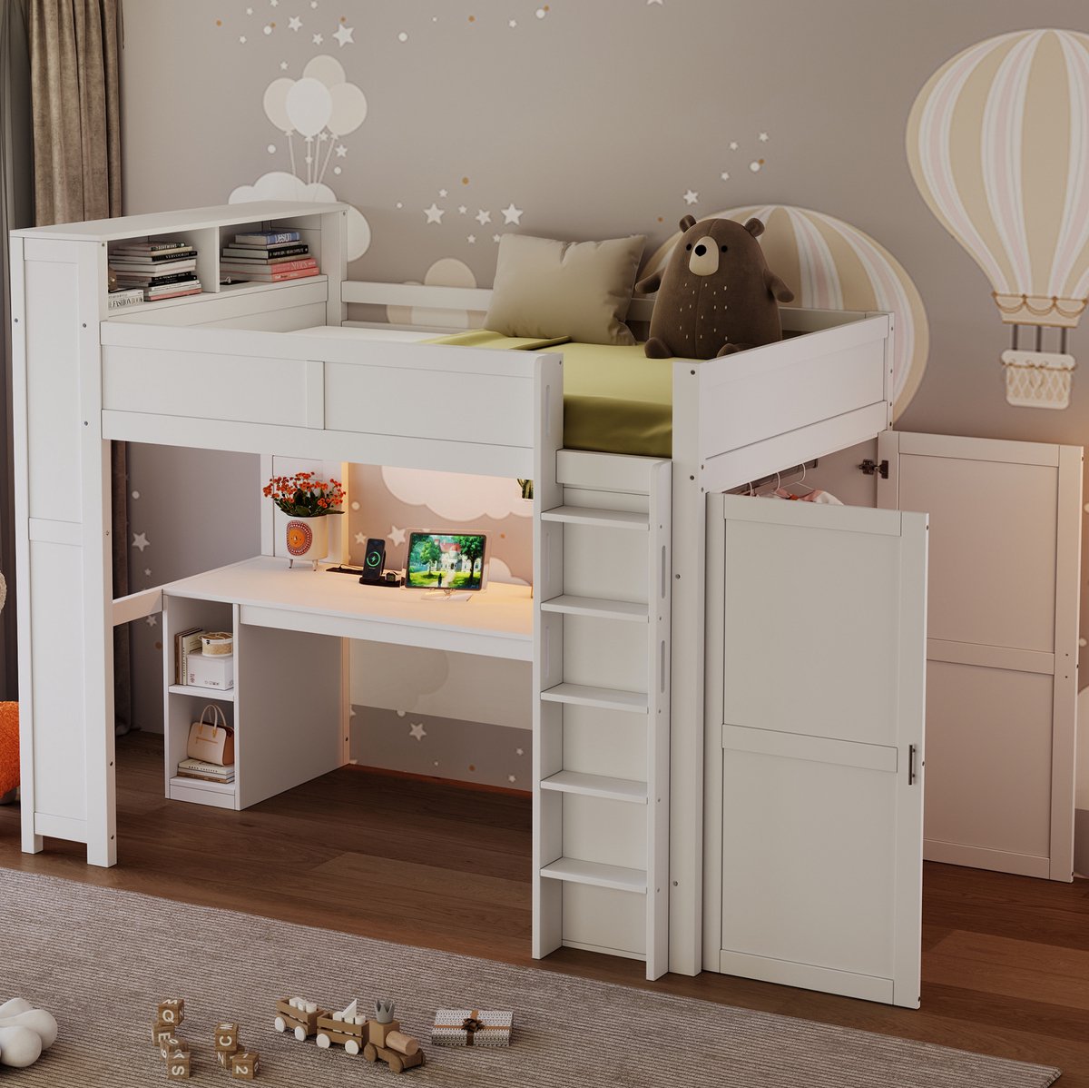 MODENUIT Hoogslaper – 90 x 200 cm – Met Bureau, Kasten en Ledverlichting – MDF en Hout – Wit – Met USB-Aansluiting