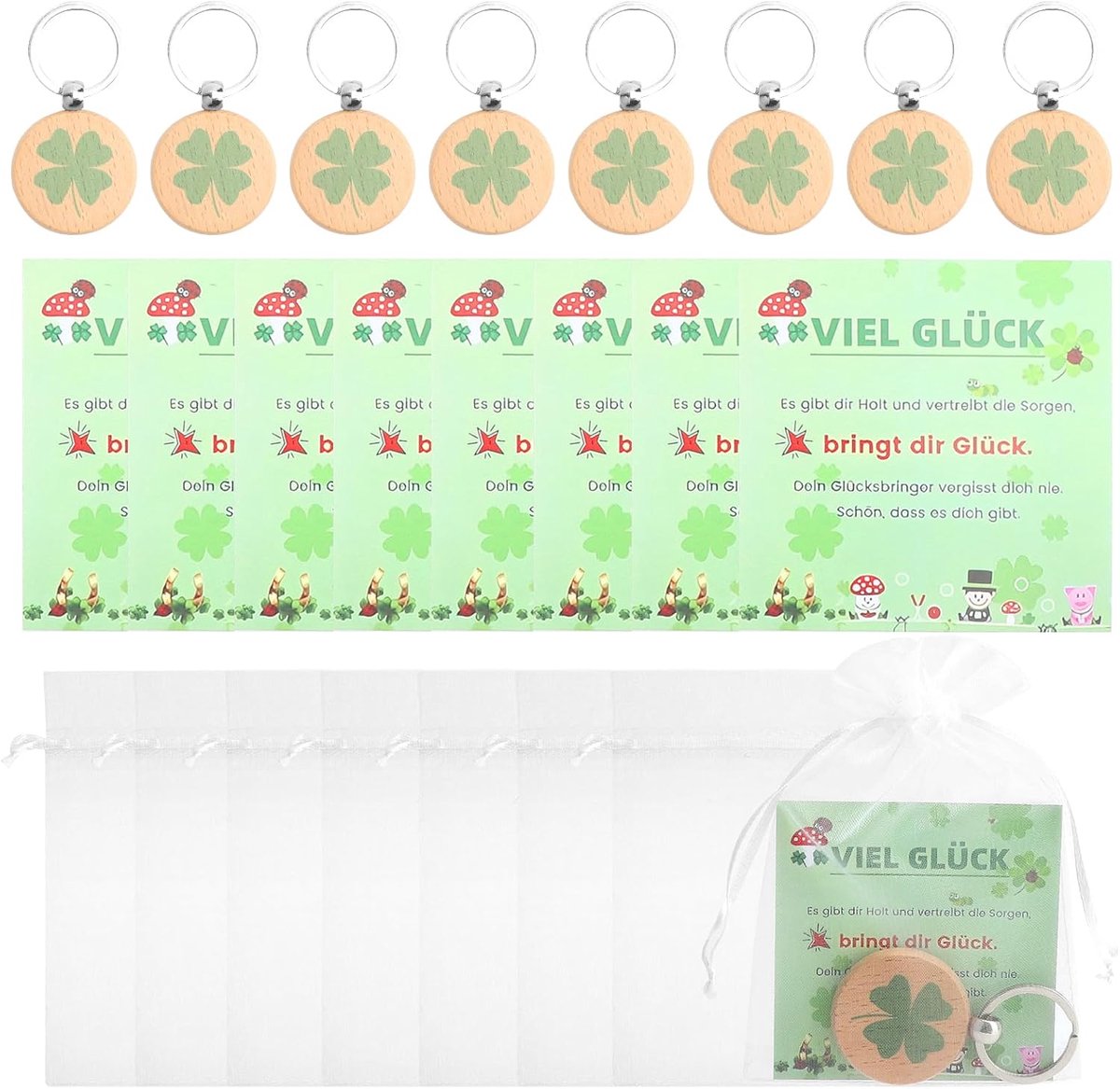 8-delige geluksgeschenkset, motiverende houten sleutelhanger met klavertjevier, wenskaart en organzazakje, geluksset voor examen, verjaardag, Kerstmis, bedankje