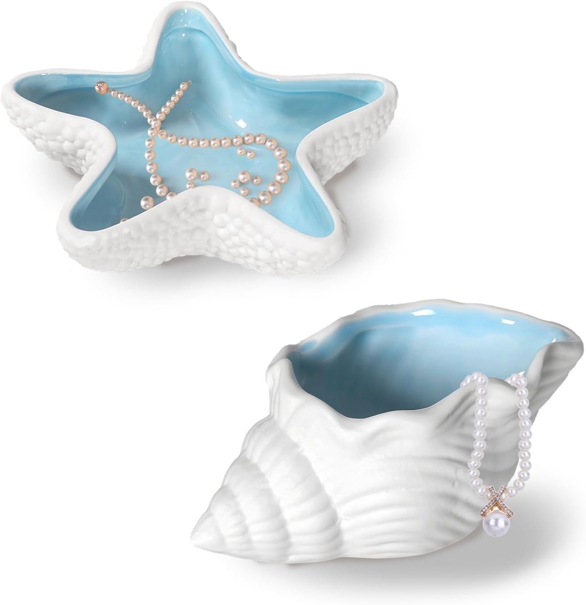 2pcs Shell and Starfish Shape Ceramic Storage Jewelry, Shell Blue Shell Decoration, Ocean Theme Decorations, Women - ShopVlot