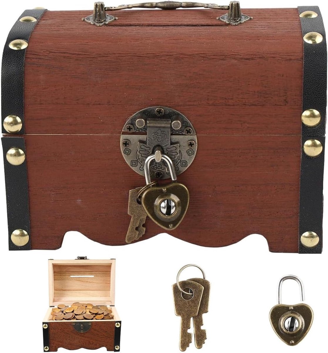 Dailygoods- Schatkist Antiek - Houten Opbergdoos met Combinatieslot - Piratenkist - Vintage Schatkist - 14.5 x 10 x 10 cm - Handgemaakt